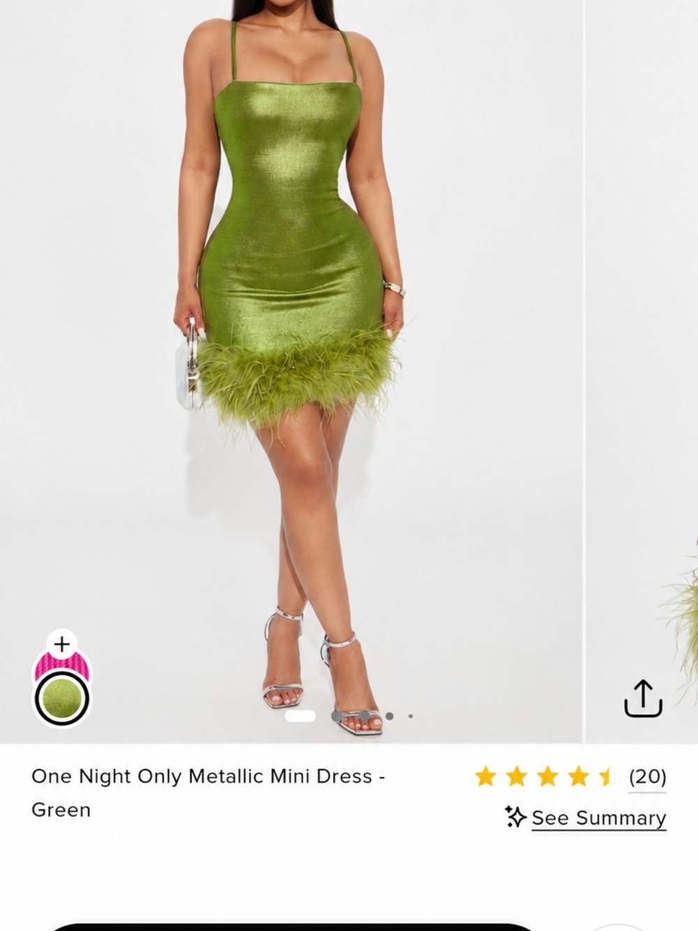 Fashion Nova Metallic Lime Green Feather Trim Mini Dress